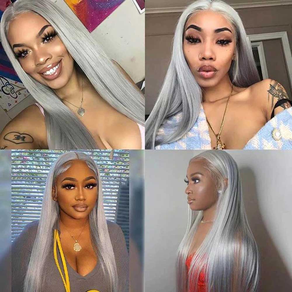 Beaudiva Silver Grey Straight Lace Frontal Wig Human Hair Wig