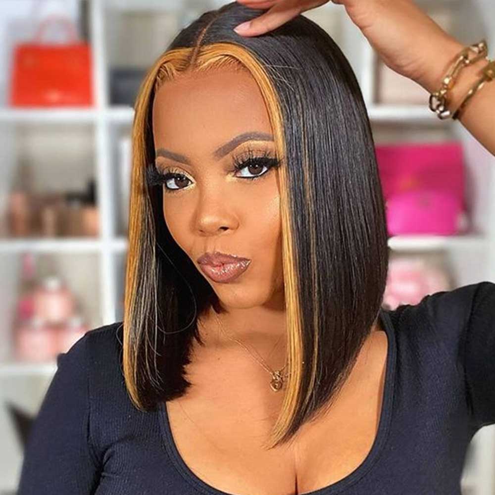Beaudiva Honey Blonde 13x4 Lace Front Wig Skunk Stripe Bob Wig