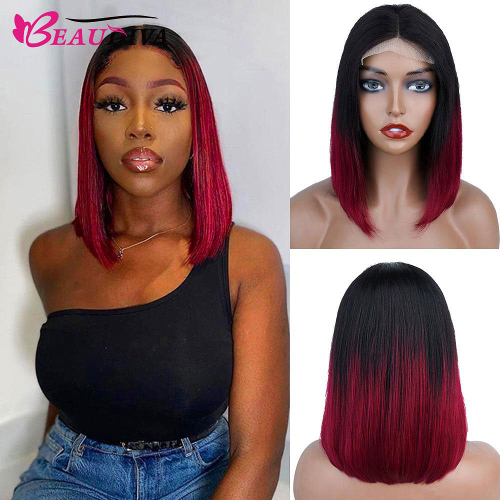 Tiktok Beaudiva Straight TB Burg Ombre Colored Lace Closure Short Bob Human Hair Wig