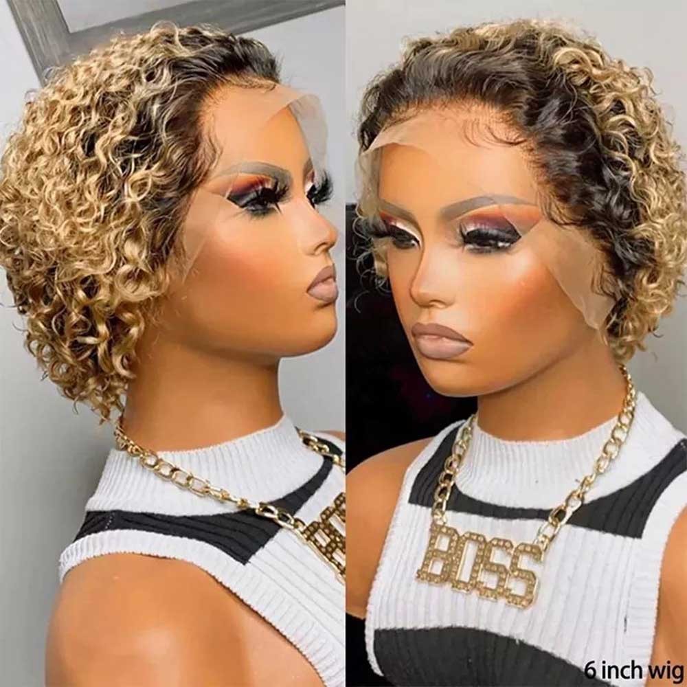 Tiktok Beaudiva TB 27 Ombre Honey Blonde Pixie Cut Curly Human Hair Wigs Bob Wigs 150%