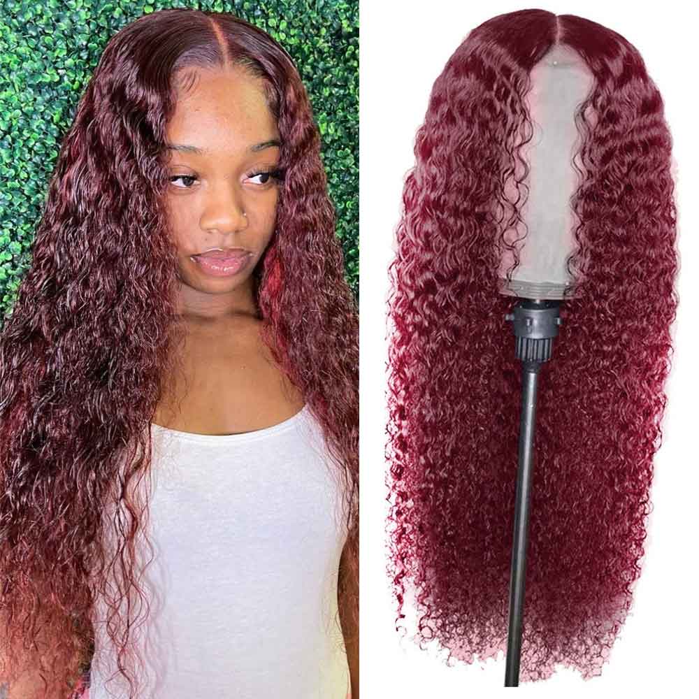 【Mary】TK49 : 99J Burgundy Colored Kinky Curly 4X4 Lace Closure Wig Human Hair Wig