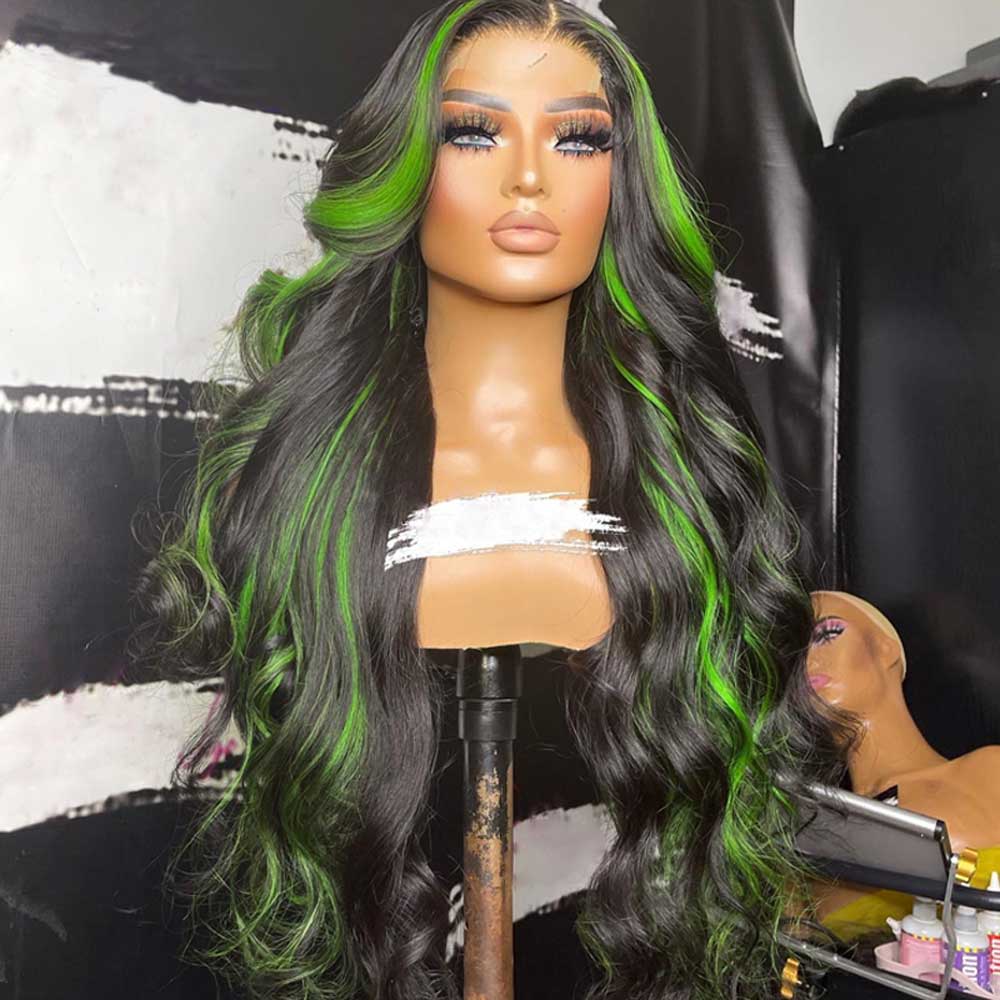 Beaudiva Body Wave Green Skunk Stripe 4X4 Lace Closure Wig Human Hair Wig