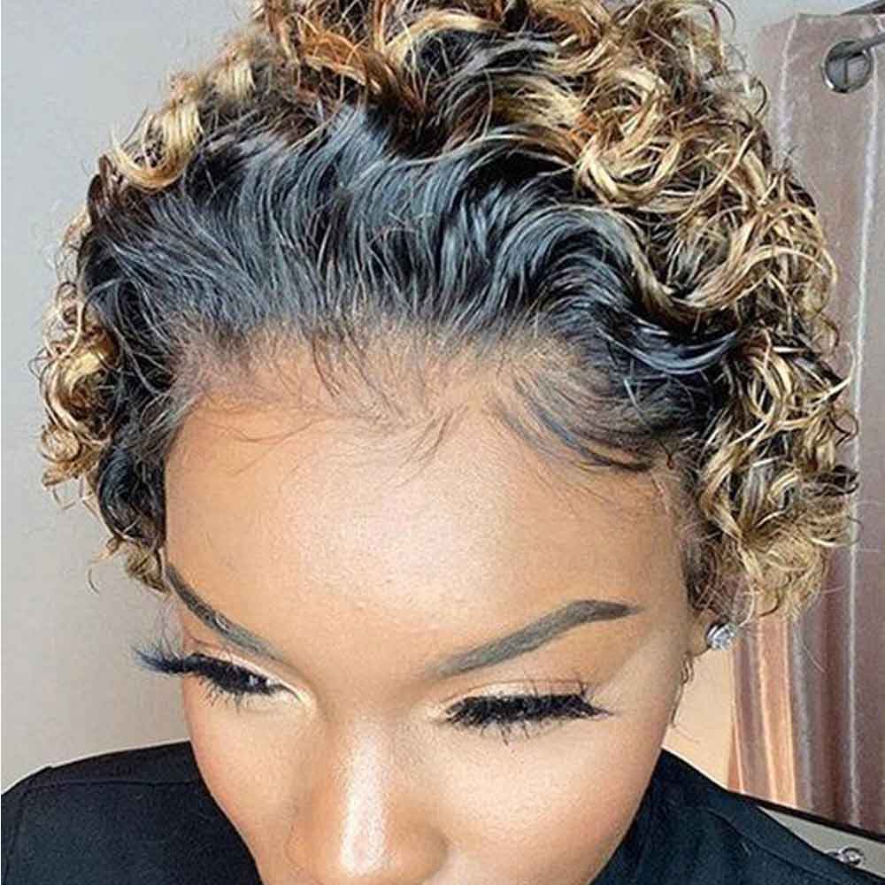 Tiktok Beaudiva TB 27 Ombre Honey Blonde Pixie Cut Curly Human Hair Wigs Bob Wigs 150%