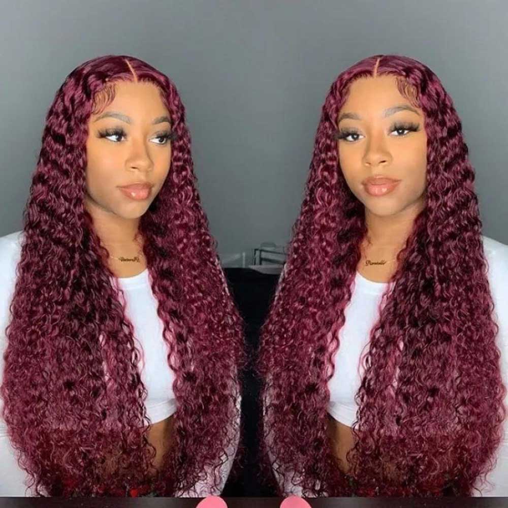【Mary】TK49 : 99J Burgundy Colored Kinky Curly 4X4 Lace Closure Wig Human Hair Wig