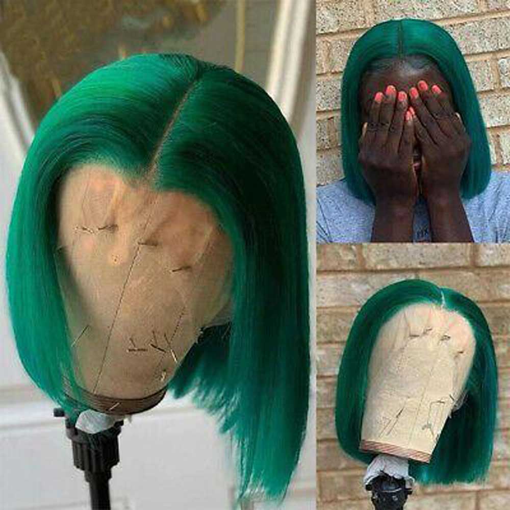 【Rose】Burgundy Short Bob Wig Brazilian Human Hair Wig Dark Green Bob Wig 13X4X1 Lace