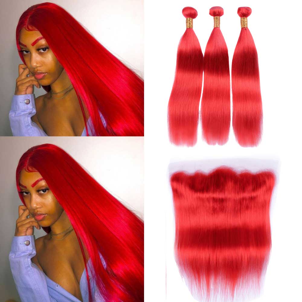 Beaudiva Red Frontal With 3 Bundles Straight Red Human Hair Extensions Colored
