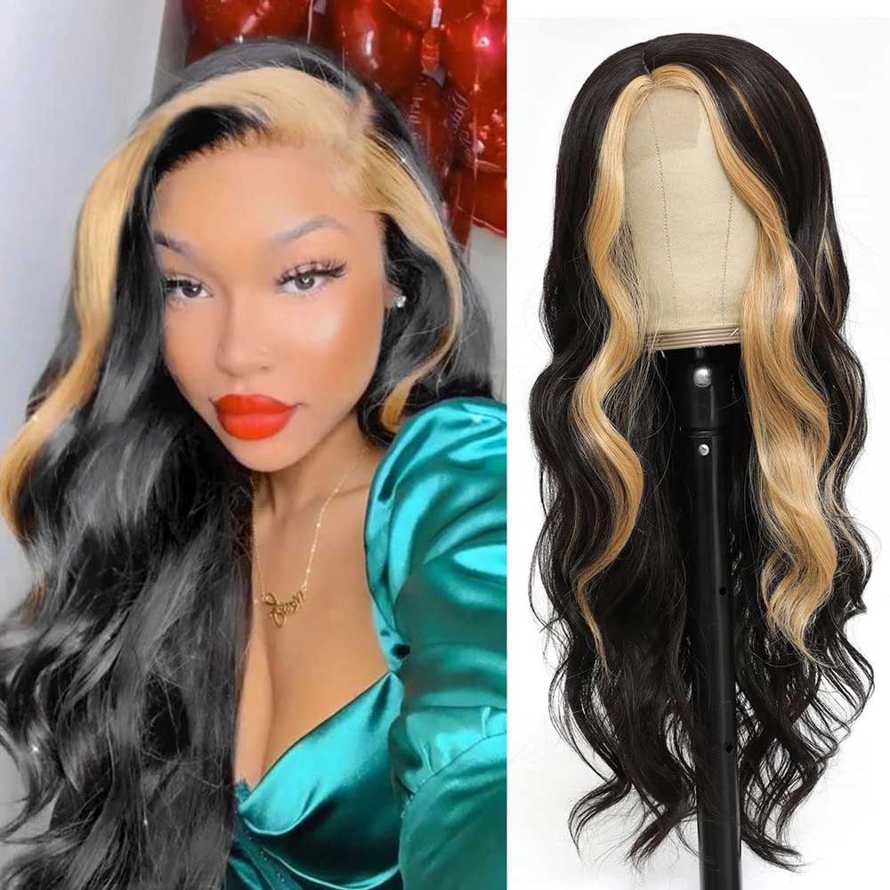 Beaudiva Body Wave Skunk Stripe 27# 4X4 Lace Closure Wig Pre Plucked Baby Hair Human Hair Wig