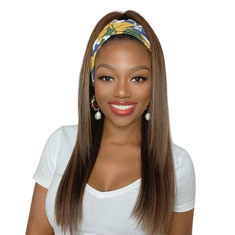 【Rae】TK59 : Highlight Straight Headband Wigs 100% Human Hair Wigs Highlight Dark Brown Headband Short Wig