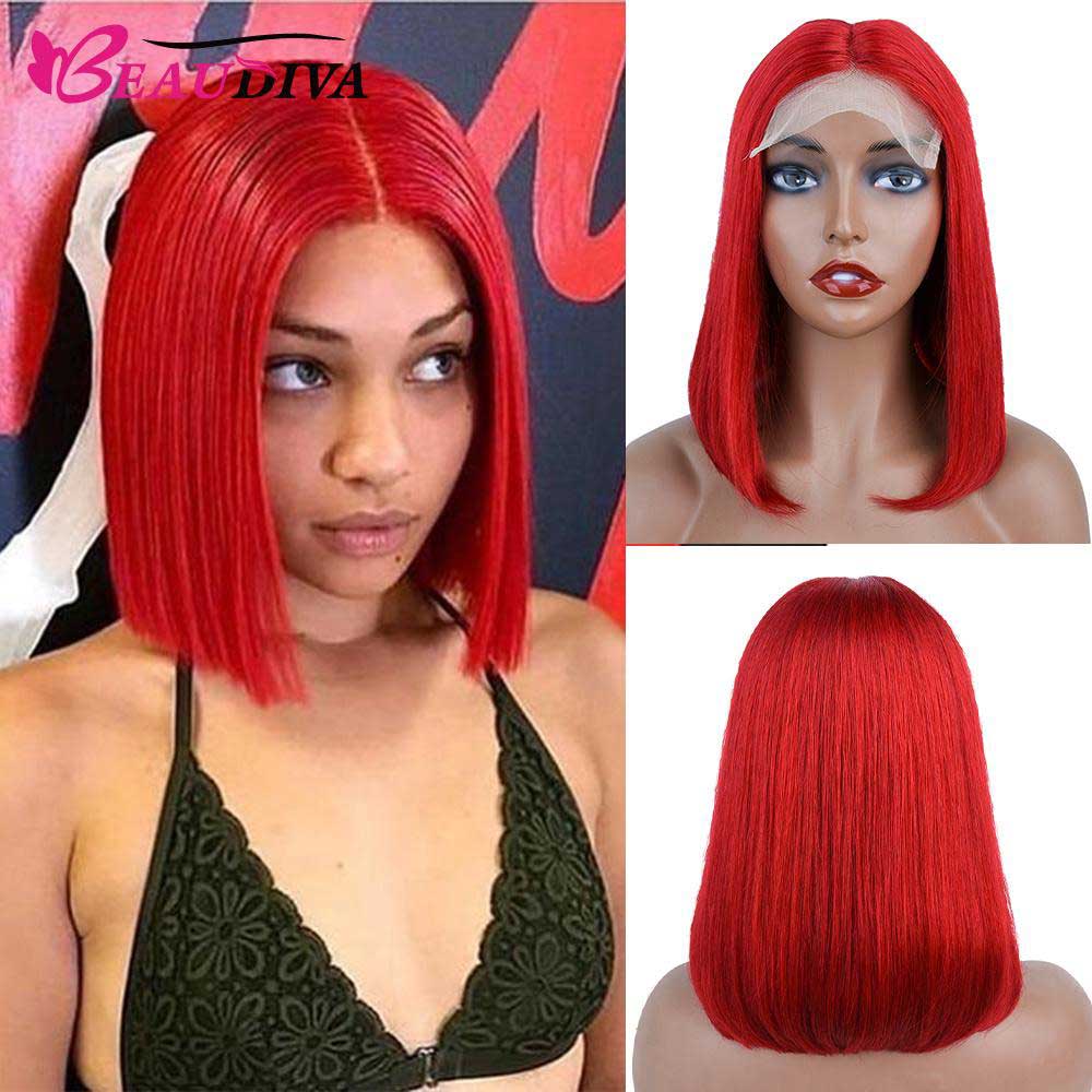 Beaudiva Pure Red Short Bob Wig Bone Straight Human Hair Wigs Pre-Plucked 5x5x1 Closure Wig 150% Denisty