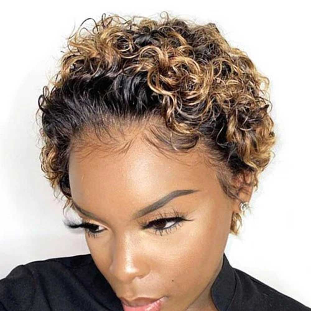 Tiktok Beaudiva TB 27 Ombre Honey Blonde Pixie Cut Curly Human Hair Wigs Bob Wigs 150%