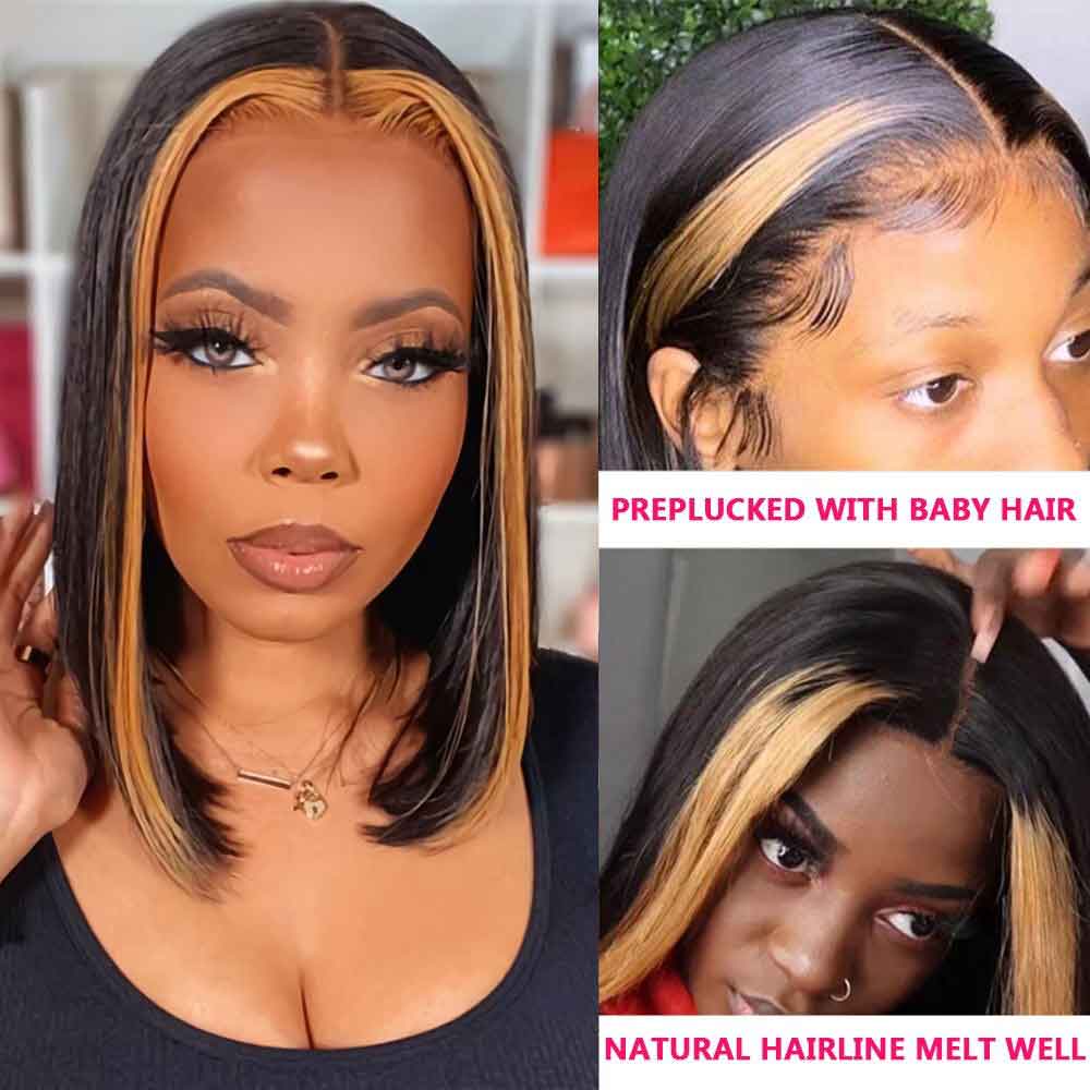 Beaudiva Honey Blonde 13x4 Lace Front Wig Skunk Stripe Bob Wig