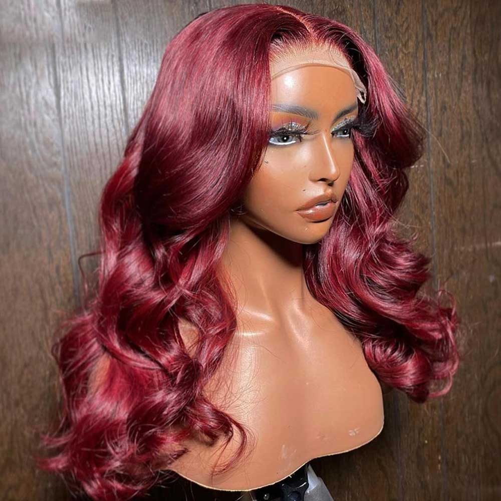 【Barbie】TK47 : Burgundy Red Wine Body Wave 13X4 Lace Frontal Wig Wave Human Hair Lace Wigs