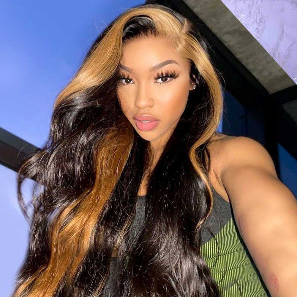Beaudiva Body Wave Skunk Stripe 27# 4X4 Lace Closure Wig Pre Plucked Baby Hair Human Hair Wig