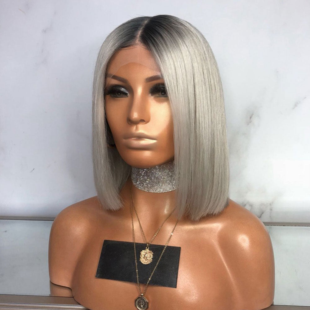Tiktok Beaudiva Bob Lace Front Wig Straight Human Hair Wig Ombre Grey Bob Wig