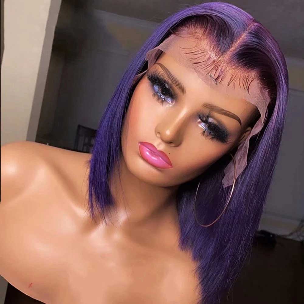 Beaudiva Bob Wig Straight 13X4X1 Lace Front Wig Human Hair Wig Purple Color