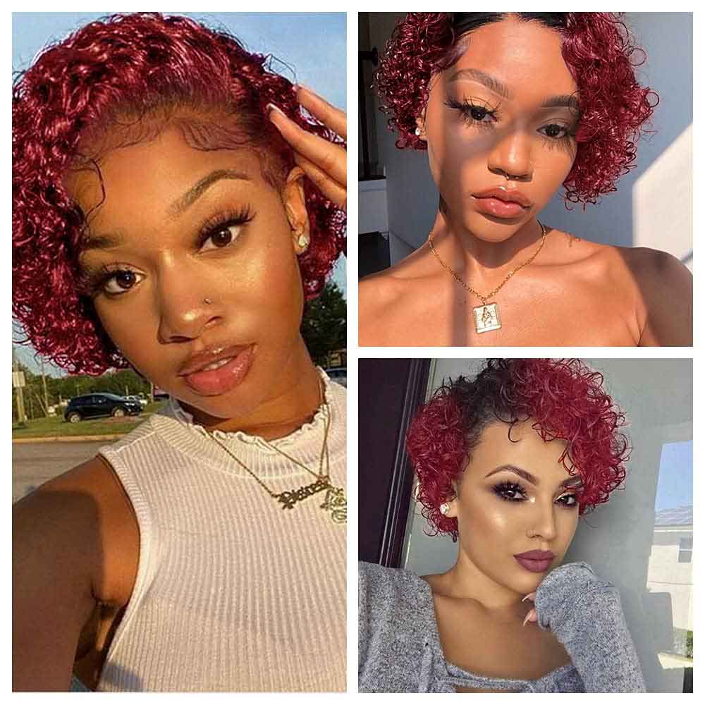 Beaudiva Bob Curly 99J Burgundy Pixie Cut Wig Human Hair Wig Lace Front Wig