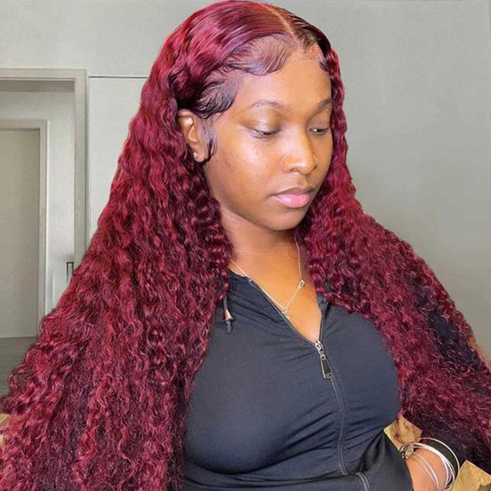 【Mary】TK49 : 99J Burgundy Colored Kinky Curly 4X4 Lace Closure Wig Human Hair Wig