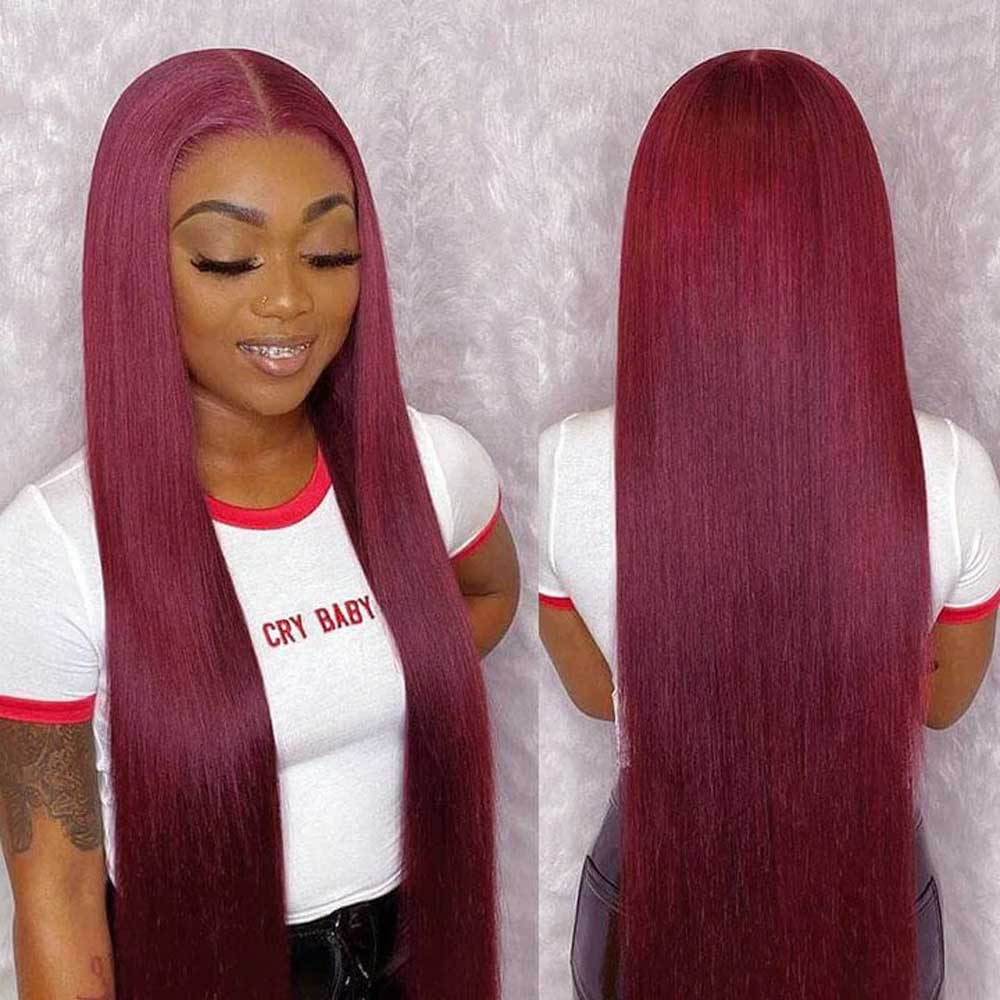 【Jane】TK22 : Glueless 99J 4X4 Lace Closure Wig Straight Human Hair Wigs Plucked Baby Hair