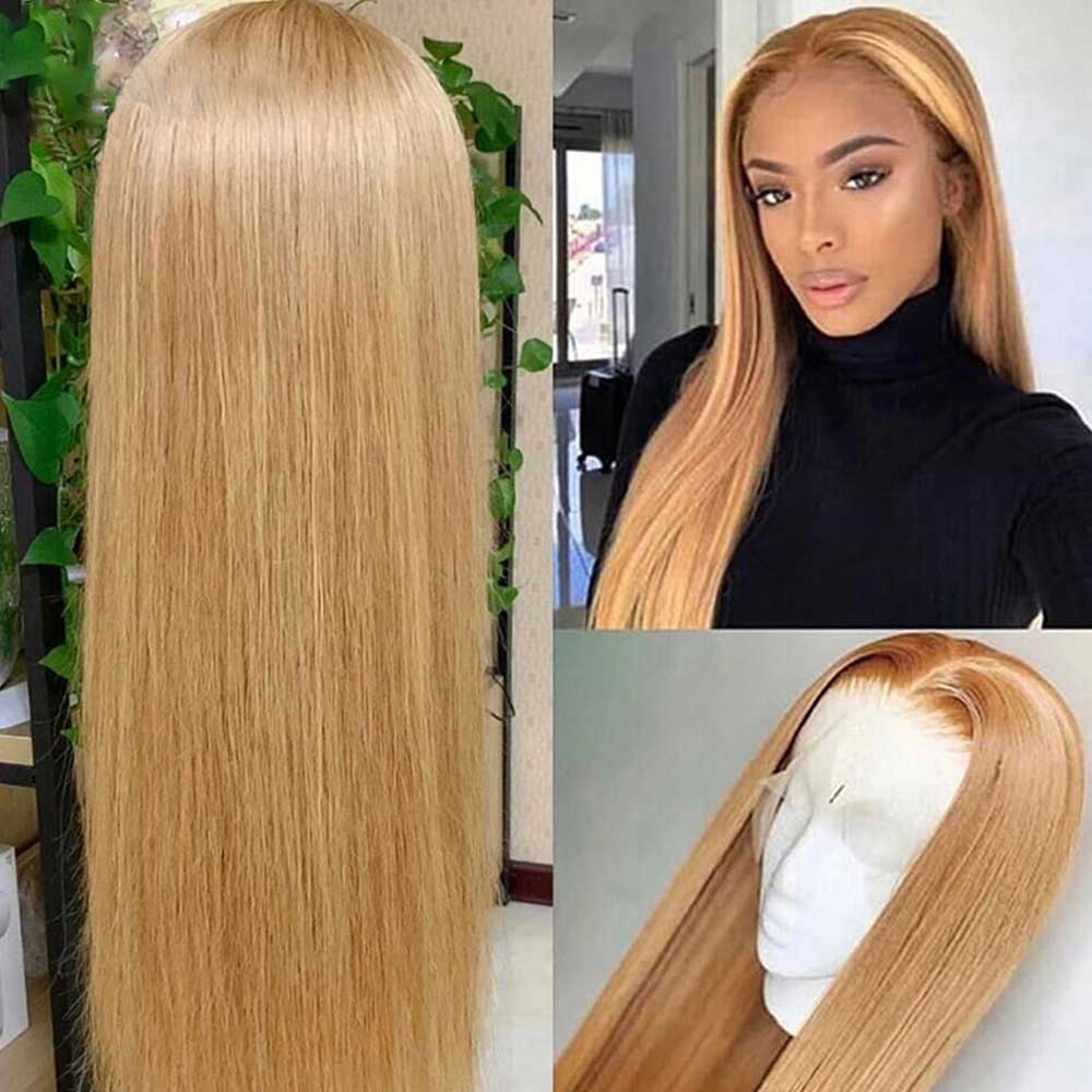 Tiktok Beaudiva 27# Honey Blonde Straight 4X4 Closure Wig Pre Plucked Baby Hair Human Hair Wig