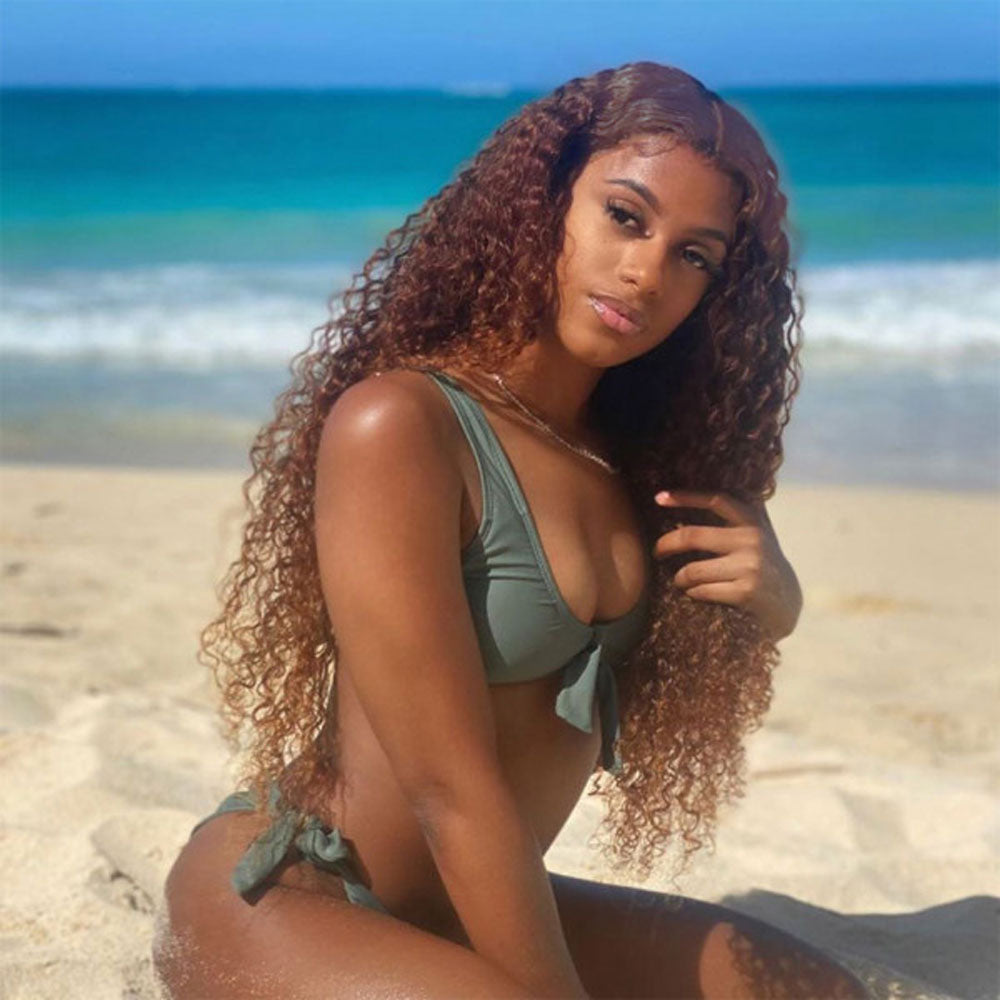 Beaudiva Brown 4# Colored 13X4 Kinky Curly Lace Frontal Wig Human Hair Wig