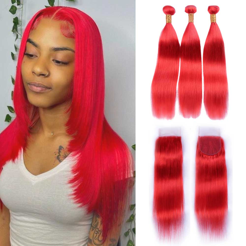 Beaudiva Red Color Straight 3 Bundles With Lace Closure 100% Human Hair Bundles With Closure