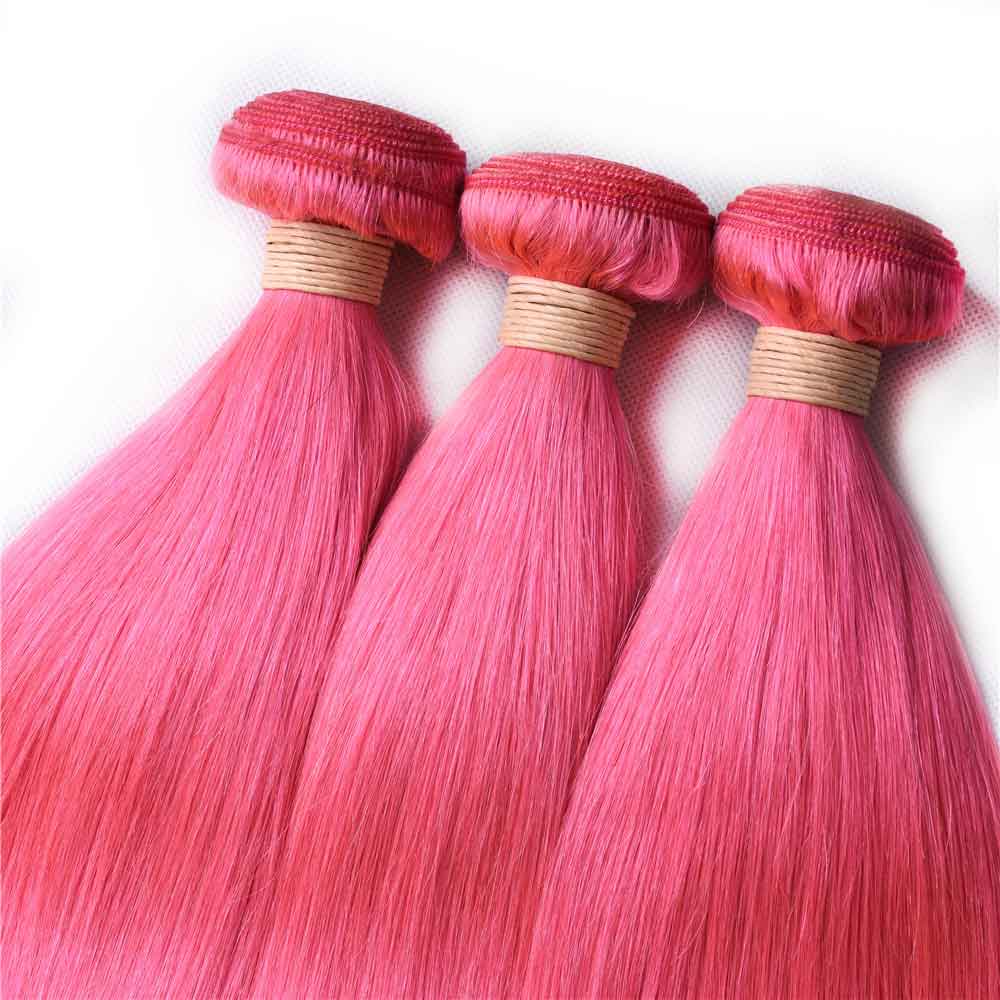 Beaudiva Pink Bundles With Frontal Straight Pink Hair Weave With Frontal