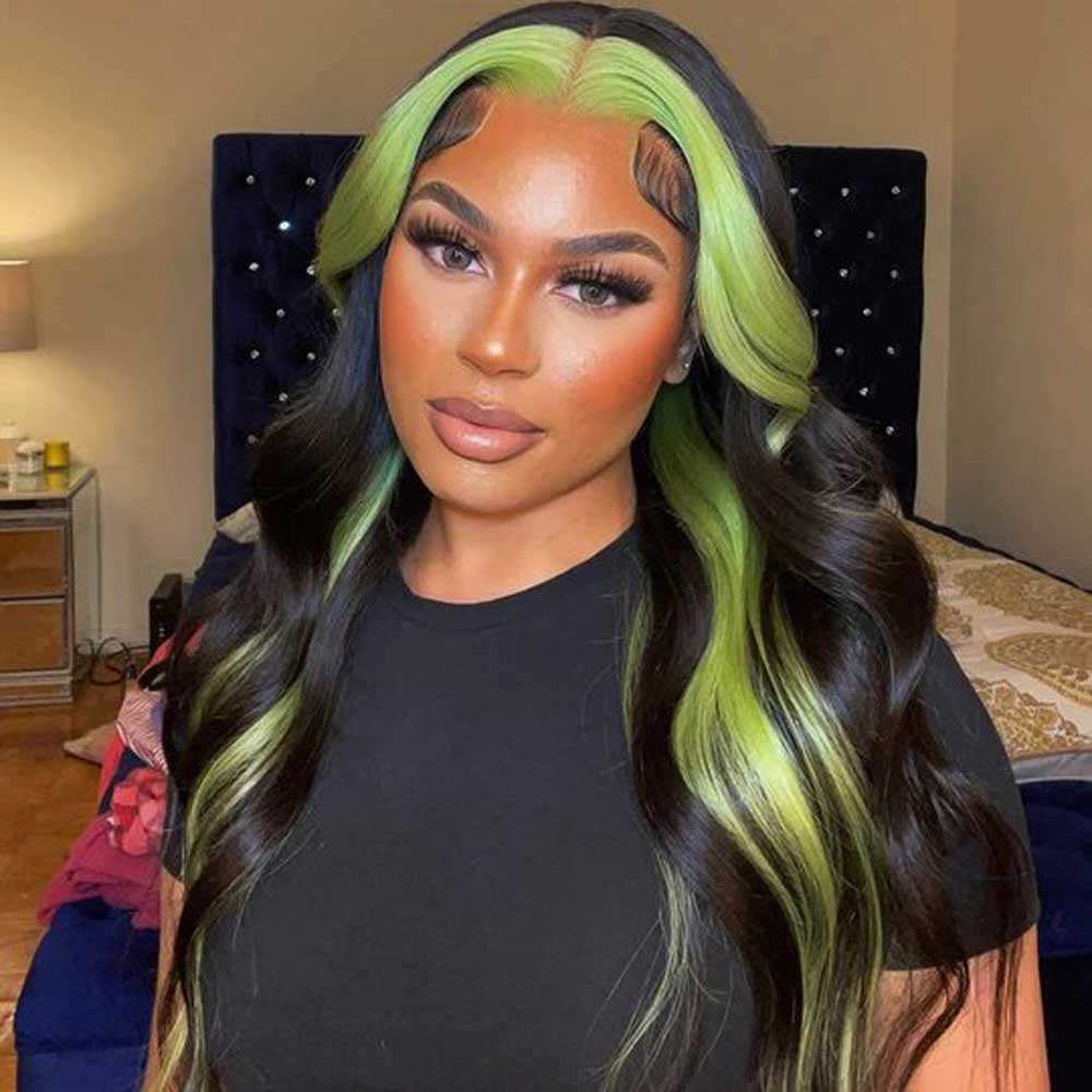 Beaudiva Body Wave Green Skunk Stripe 4X4 Lace Closure Wig Human Hair Wig