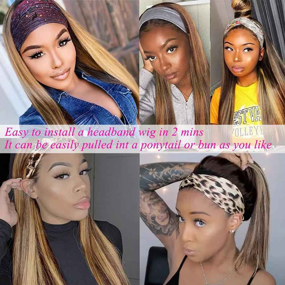 【Rae】TK59 : Highlight Straight Headband Wigs 100% Human Hair Wigs Highlight Dark Brown Headband Short Wig