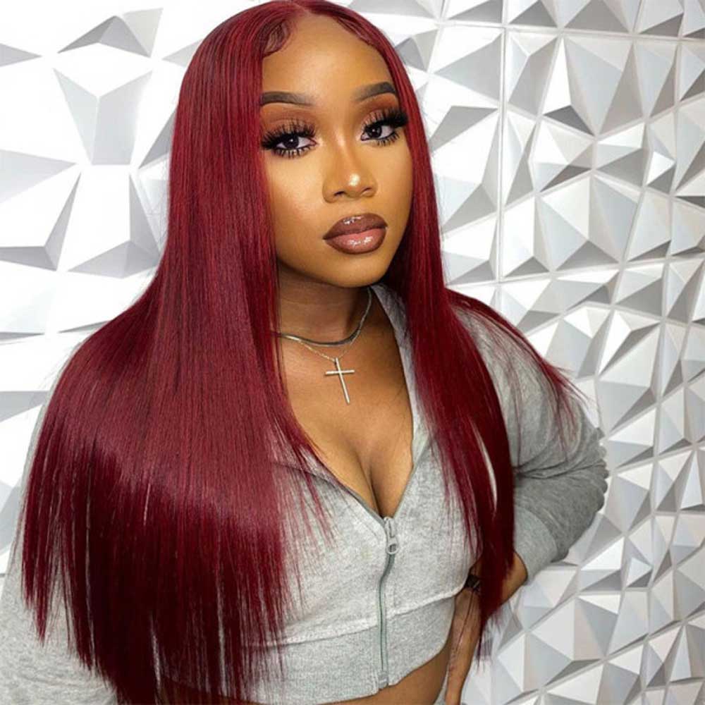 【Jane】TK22 : Glueless 99J 4X4 Lace Closure Wig Straight Human Hair Wigs Plucked Baby Hair