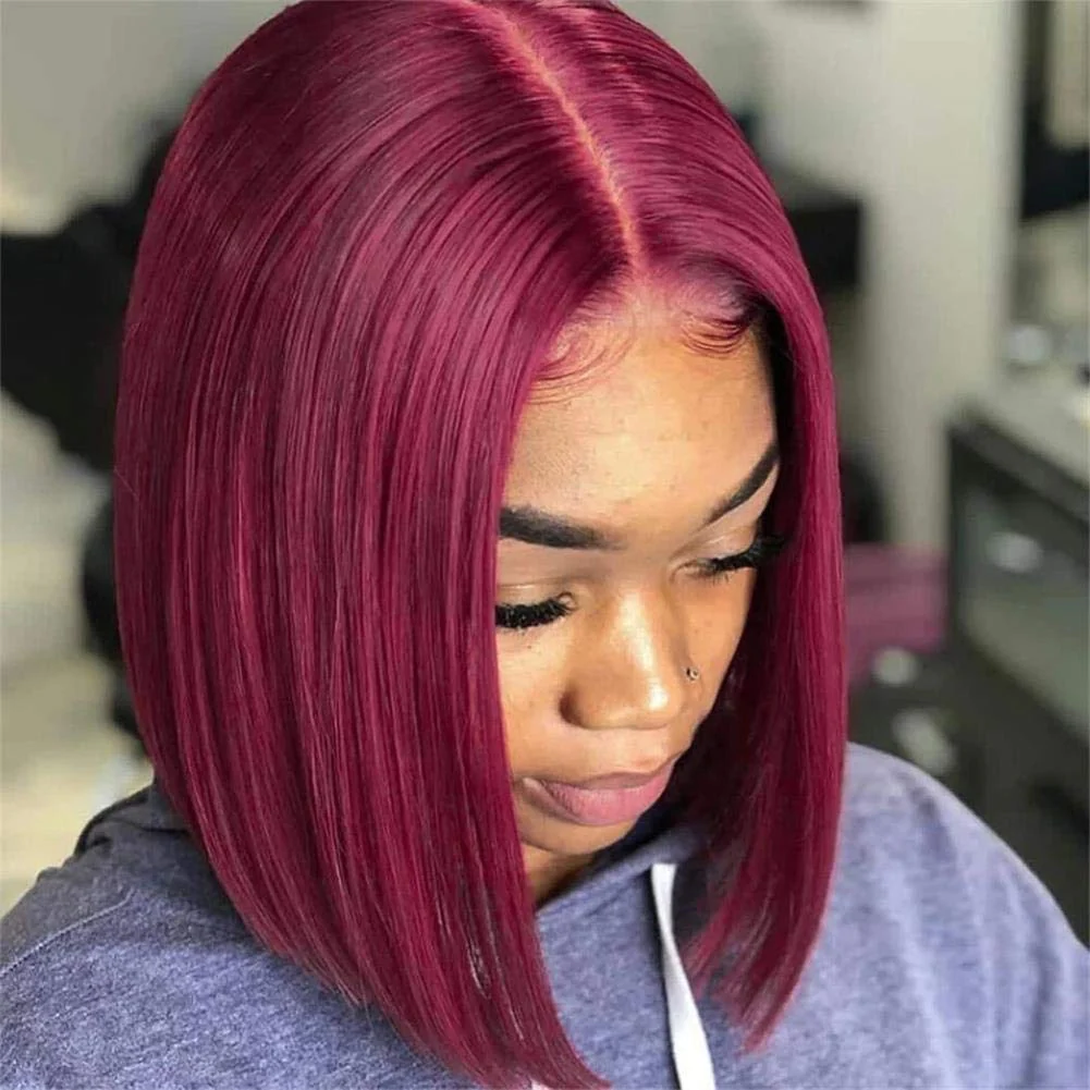 【Rose】Burgundy Short Bob Wig Brazilian Human Hair Wig Dark Green Bob Wig 13X4X1 Lace