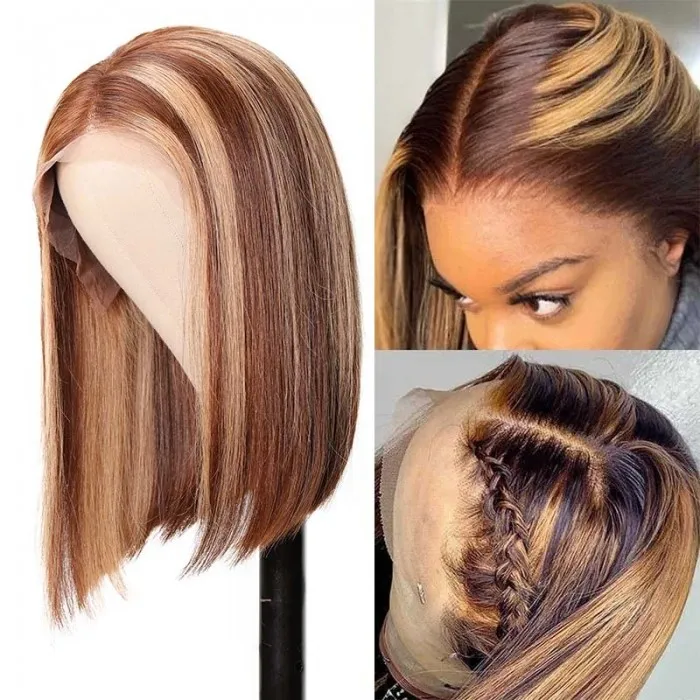 【Aisha】Ombre Highlight Lace Frontal Human Hair Wigs Short Bob Lace Front Wig 10-16 inches