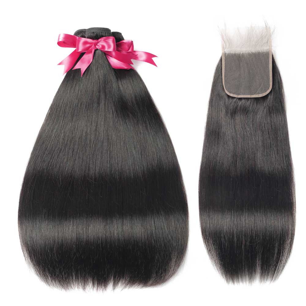 Beaudiva 10A Straight Human Hair 3 Bundles With 4x4 Closure 100% Virgin Remy Human Hair