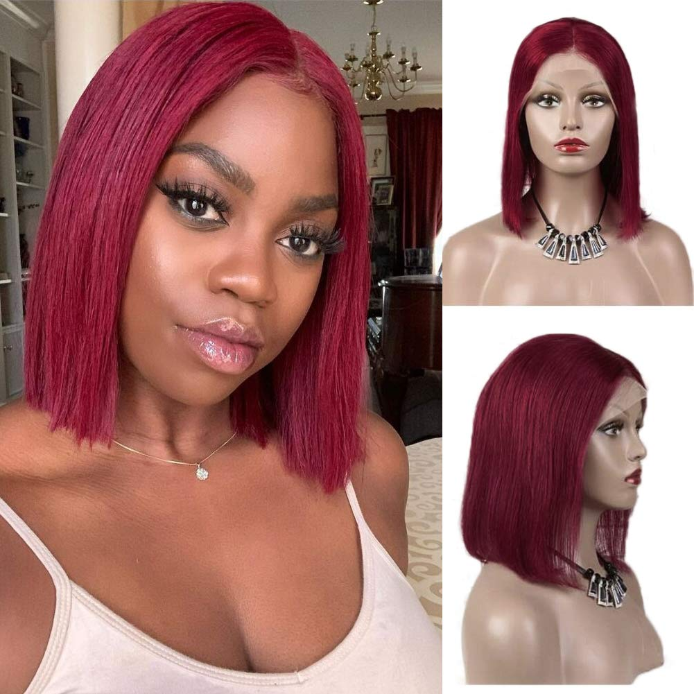 【Rose】Burgundy Short Bob Wig Brazilian Human Hair Wig Dark Green Bob Wig 13X4X1 Lace
