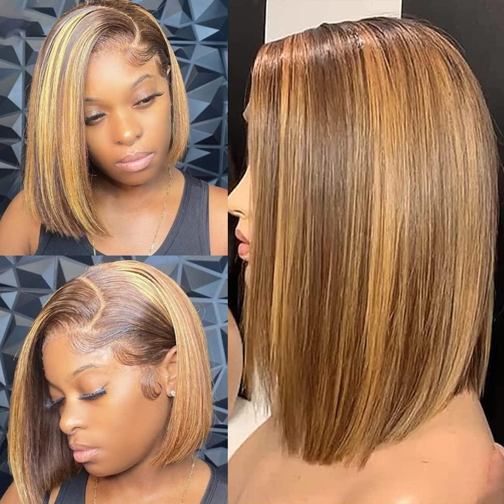 【Aisha】Ombre Highlight Lace Frontal Human Hair Wigs Short Bob Lace Front Wig 10-16 inches
