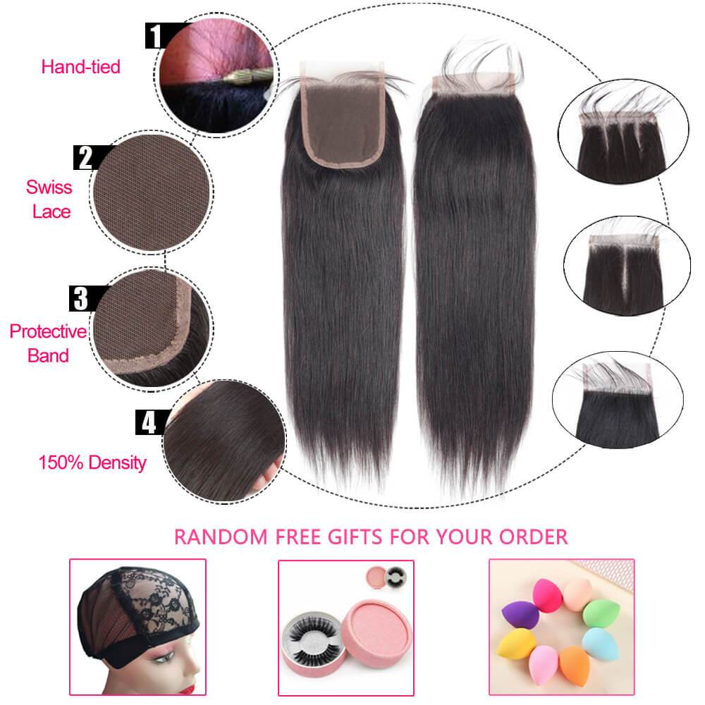 Beaudiva 10A Straight Human Hair 3 Bundles With 4x4 Closure 100% Virgin Remy Human Hair