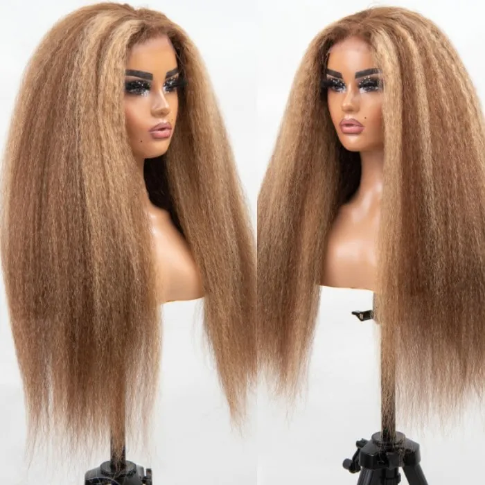 【Danie】Kinky Straight Highlight Honey Blonde Wigs Kinky Straight 13x4 Lace Front Human Hair Wig for Women Piano Color Wigs Pre Plucked with Baby Hair 200% Density
