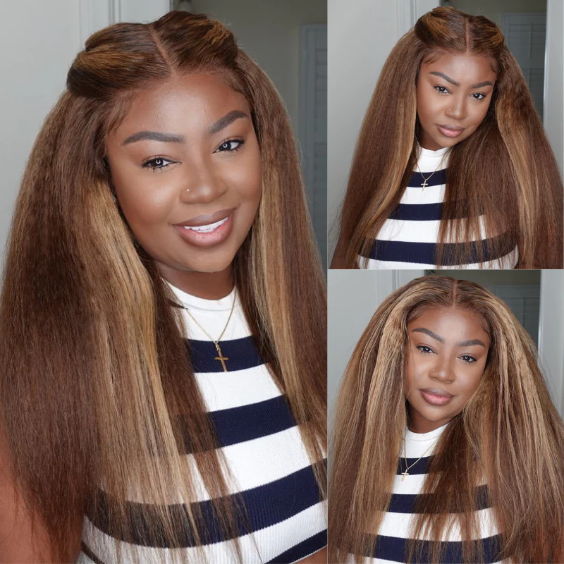 【Danie】Kinky Straight Highlight Honey Blonde Wigs Kinky Straight 13x4 Lace Front Human Hair Wig for Women Piano Color Wigs Pre Plucked with Baby Hair 200% Density