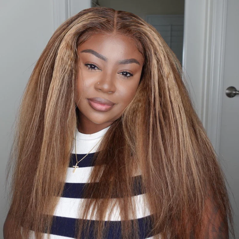 【Danie】Kinky Straight Highlight Honey Blonde Wigs Kinky Straight 13x4 Lace Front Human Hair Wig for Women Piano Color Wigs Pre Plucked with Baby Hair 200% Density
