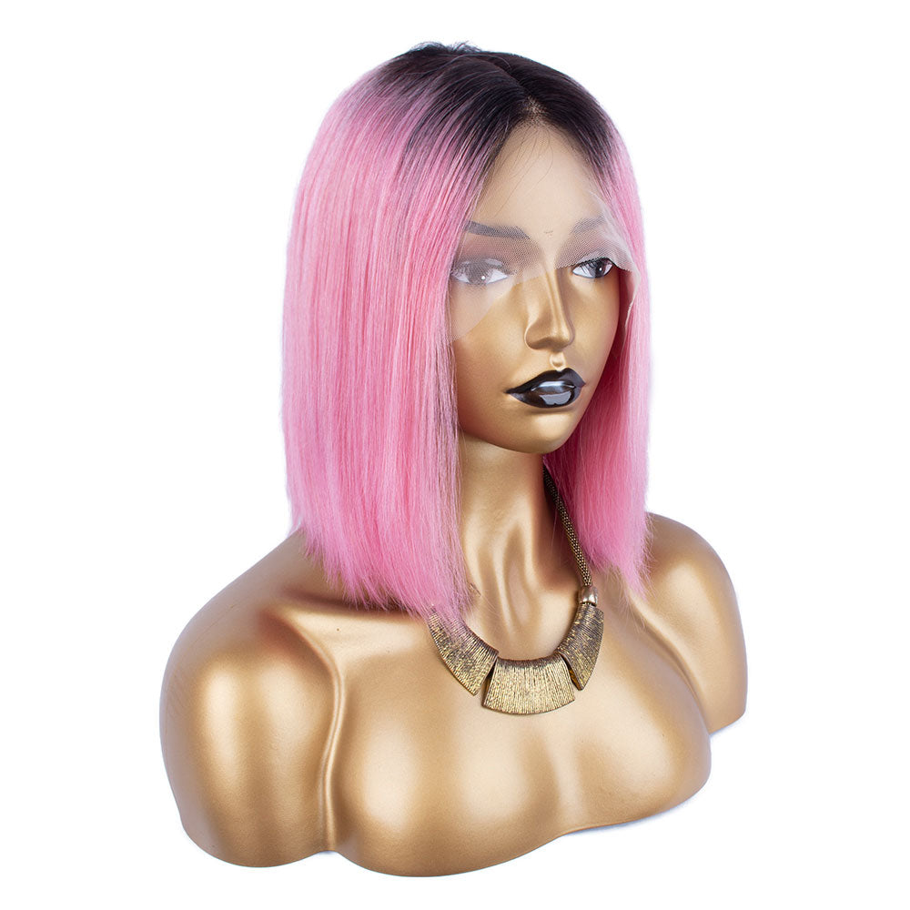 【Pinky Barbie】BEAUDIVA Ombre Hot Pink T Part Lace Front Human Hair Wigs Short Bob Wig