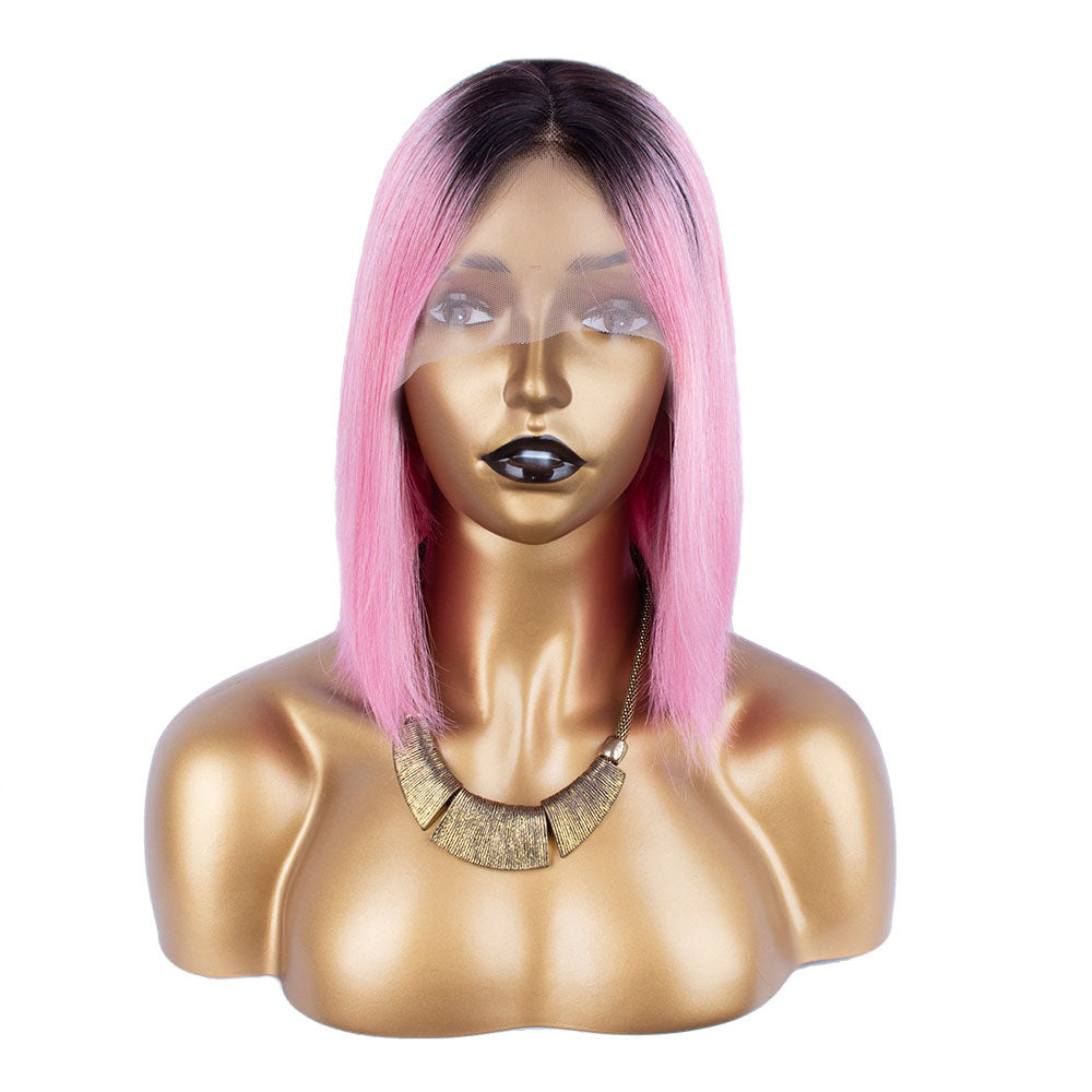 【Pinky Barbie】BEAUDIVA Ombre Hot Pink T Part Lace Front Human Hair Wigs Short Bob Wig