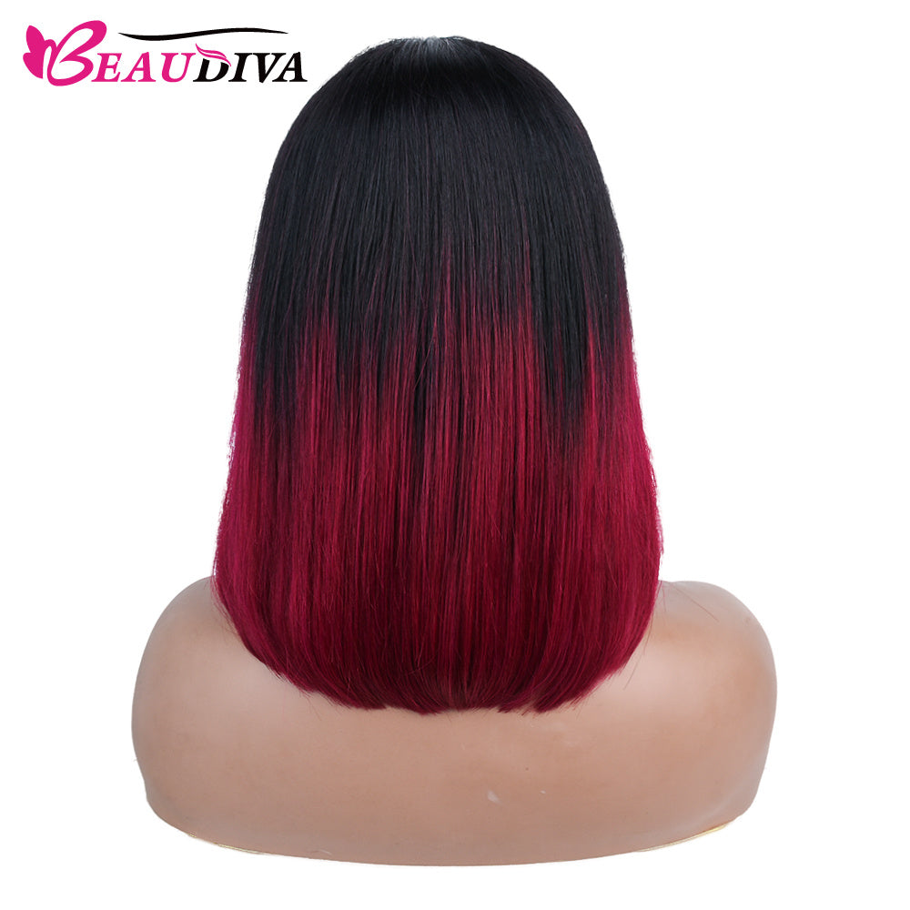 【Ruby】Short Straight Ombre Burgundy Color Human Hair Wigs Short Bob Cut Wig With 4X4X1 T Part Lace