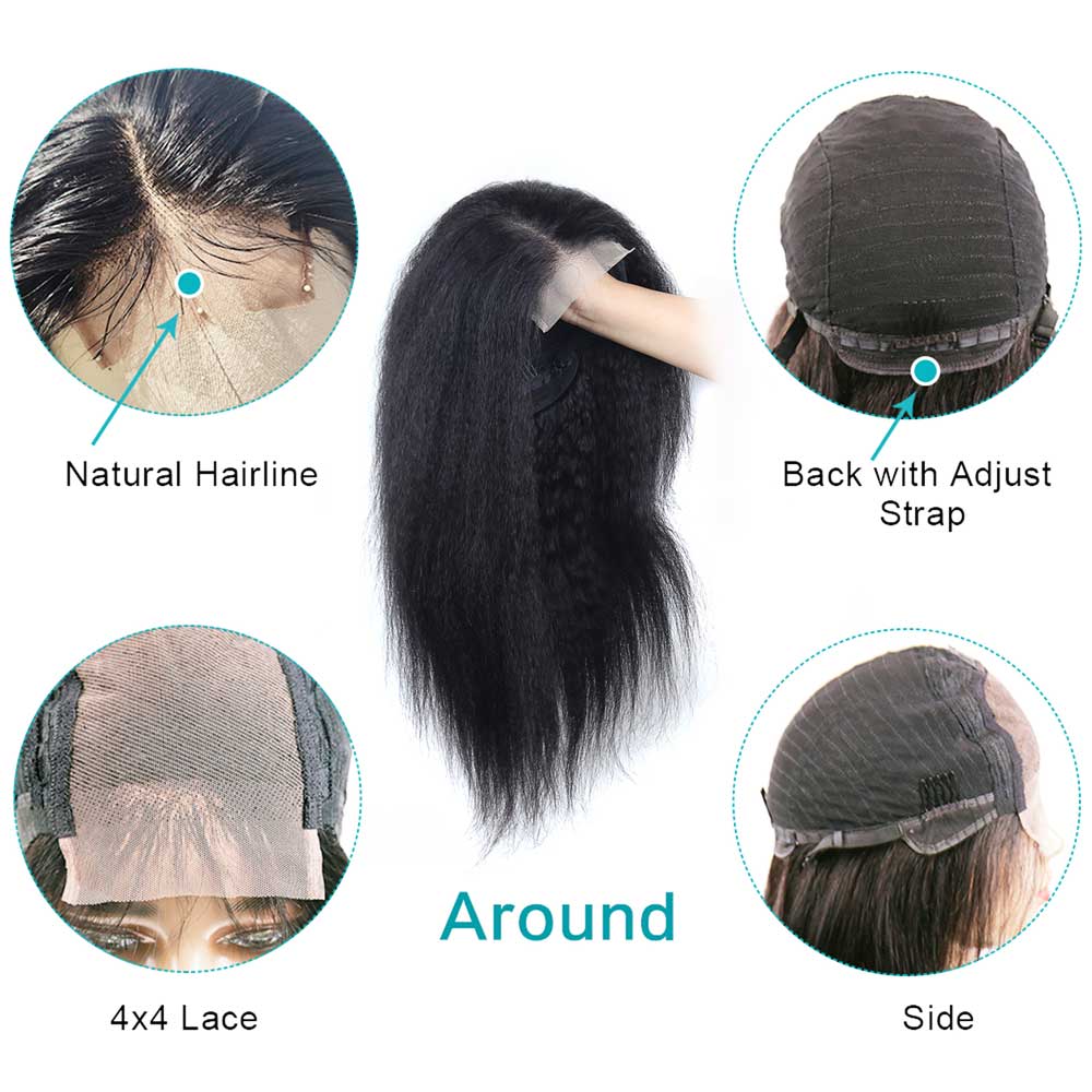 【Tiffany】Glueless 4X4 Lace Closure Kinky Straight Lace Closure Wig Human Hair Wigs Pre Plucked Yaki Straight Lace Wig