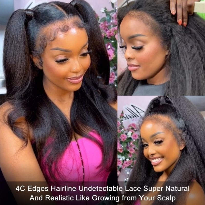 【April】4C Curly Edge Baby Hair Kinky Straight 13x4 Full Lace Frontal Wig With 200% Full Density