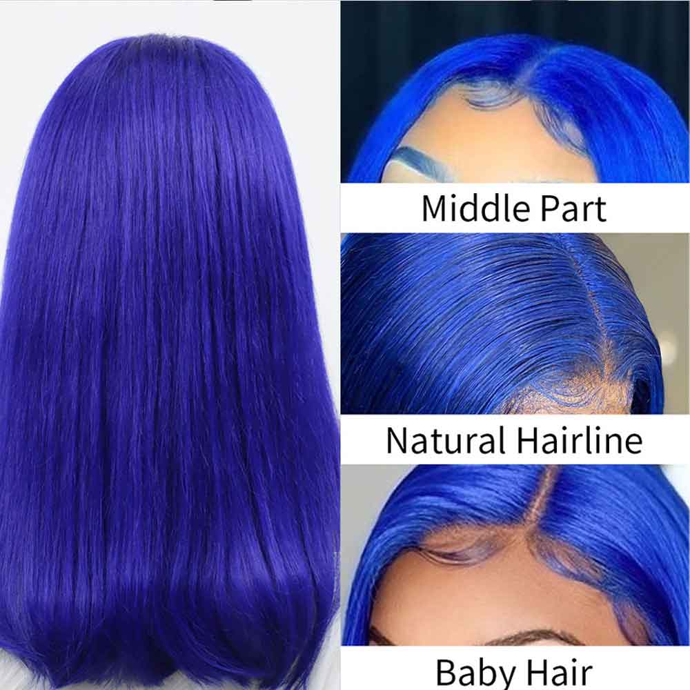Beaudiva Lace Front Wig Straight Bob Wig 13X4X1 Lace Human Hair Wig Blue Color