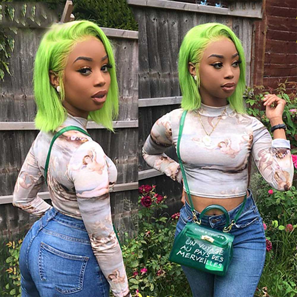 Beaudiva Neo Green Short Bob Lace Front Wig Straight Human Hair Wigs