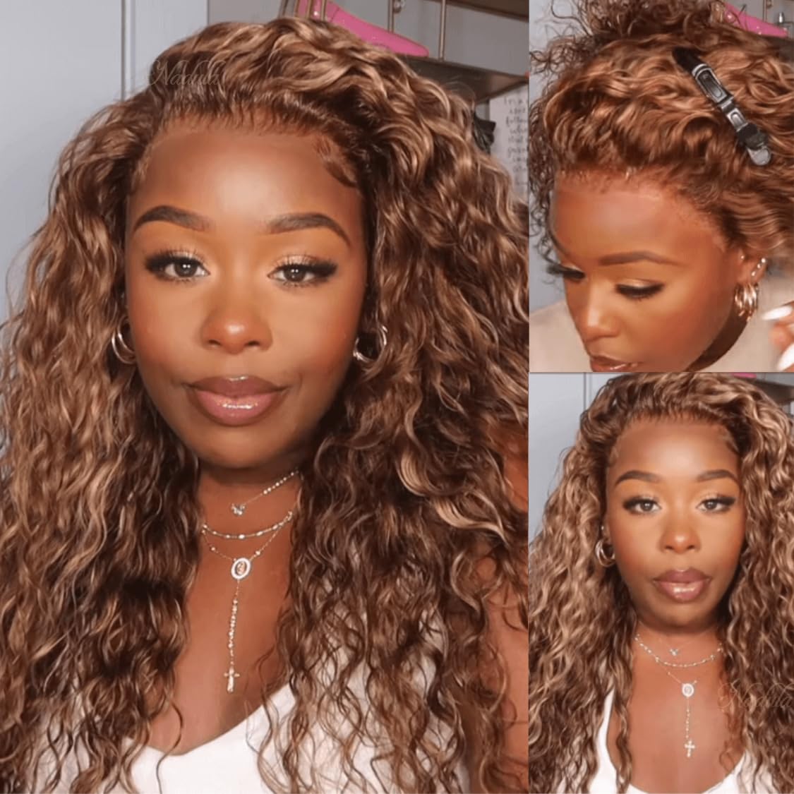 Highlight Water Wave 13X6 Lace Front Human Hair Wigs Honey Blonde Mixed Colored Ombre Highlight Water wave Lace Frontal Wigs