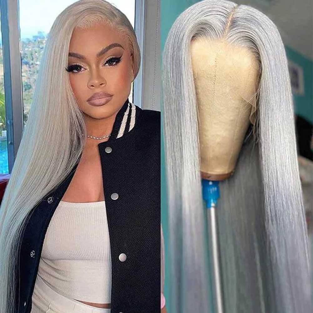 Beaudiva Silver Grey Straight Lace Frontal Wig Human Hair Wig