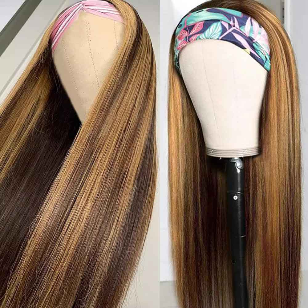 【Rae】TK59 : Highlight Straight Headband Wigs 100% Human Hair Wigs Highlight Dark Brown Headband Short Wig