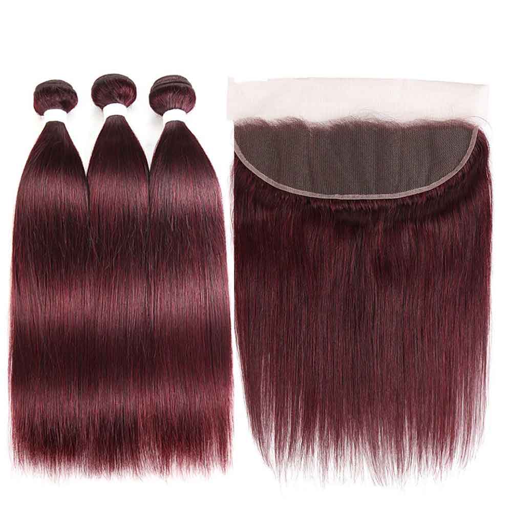Beaudiva 99J Burgundy Straight 3 Bundles With Frontal Pre Colored 100% Human Hair