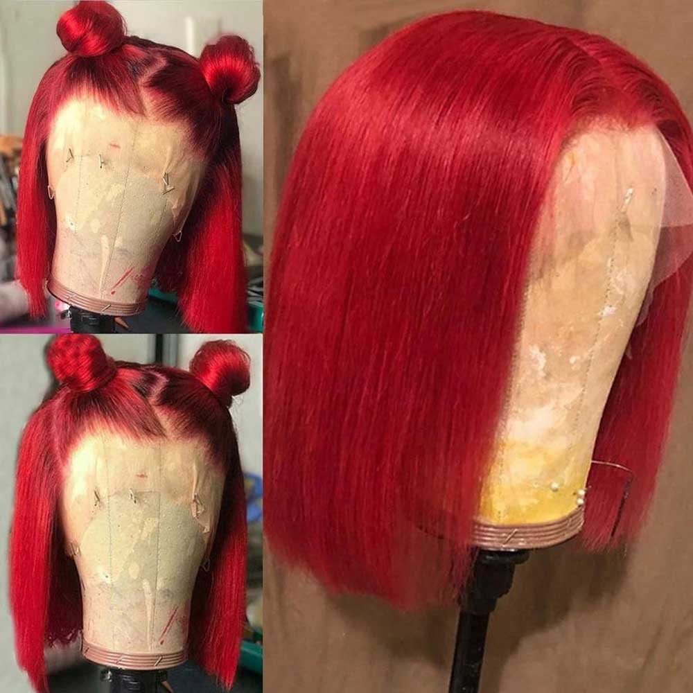 Beaudiva Pure Red Short Bob Wig Bone Straight Human Hair Wigs Pre-Plucked 5x5x1 Closure Wig 150% Denisty